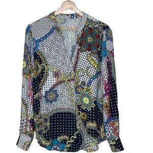 Desigual Womens Multicolor Patchwork Floral V-Neck Blouse 19WWBWXI Size M